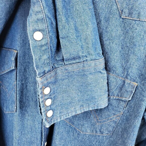 WRANGLER Denim Pearl Snap Western Workwear Shirt Blue Cotton Cowgirl (C-2) - Picture 7 of 9